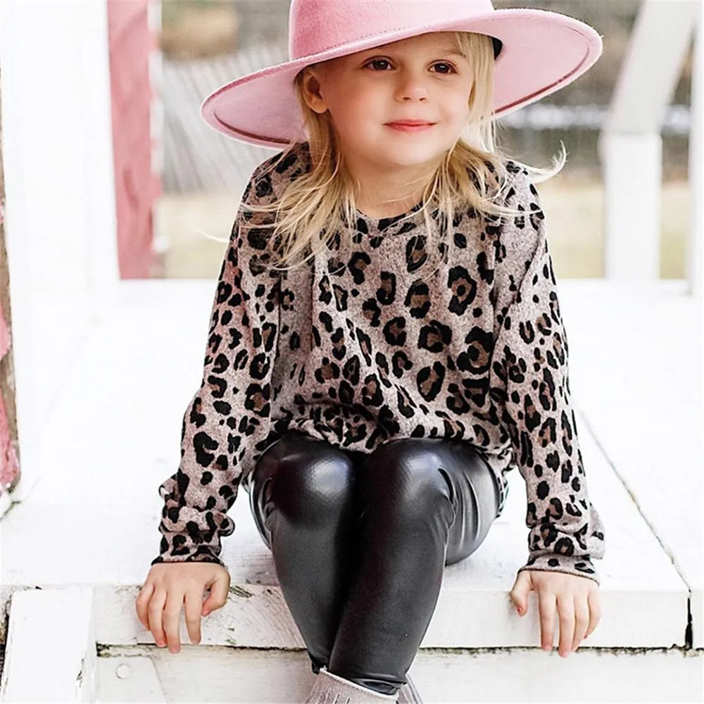 Toddler Girls Long Sleeve Leopard Top & PU Trousers Girl Wholesale