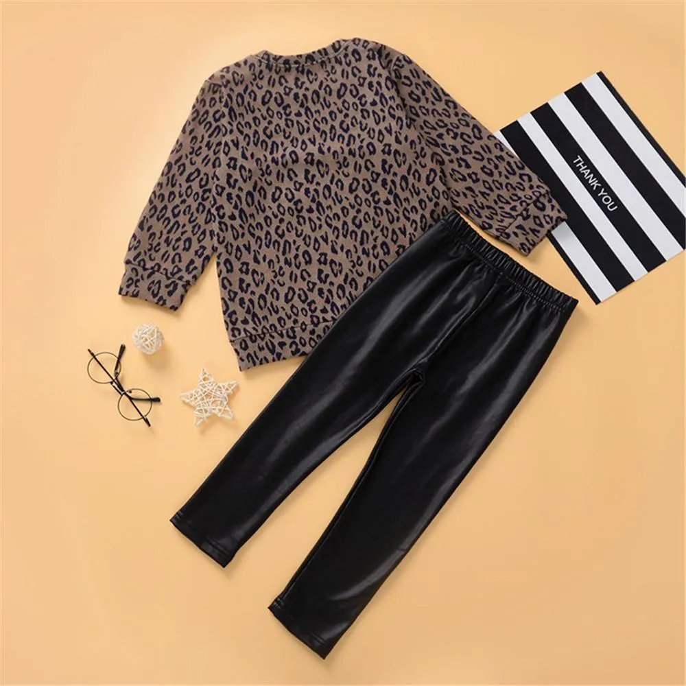 Toddler Girls Long Sleeve Leopard Top & PU Trousers Girl Wholesale