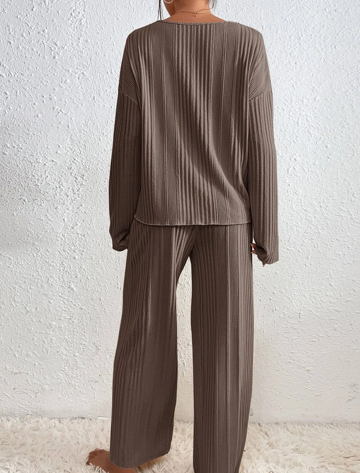 V-Neck Ribbed Top Trousers Loungewear Two-Piece Set: Brown / M