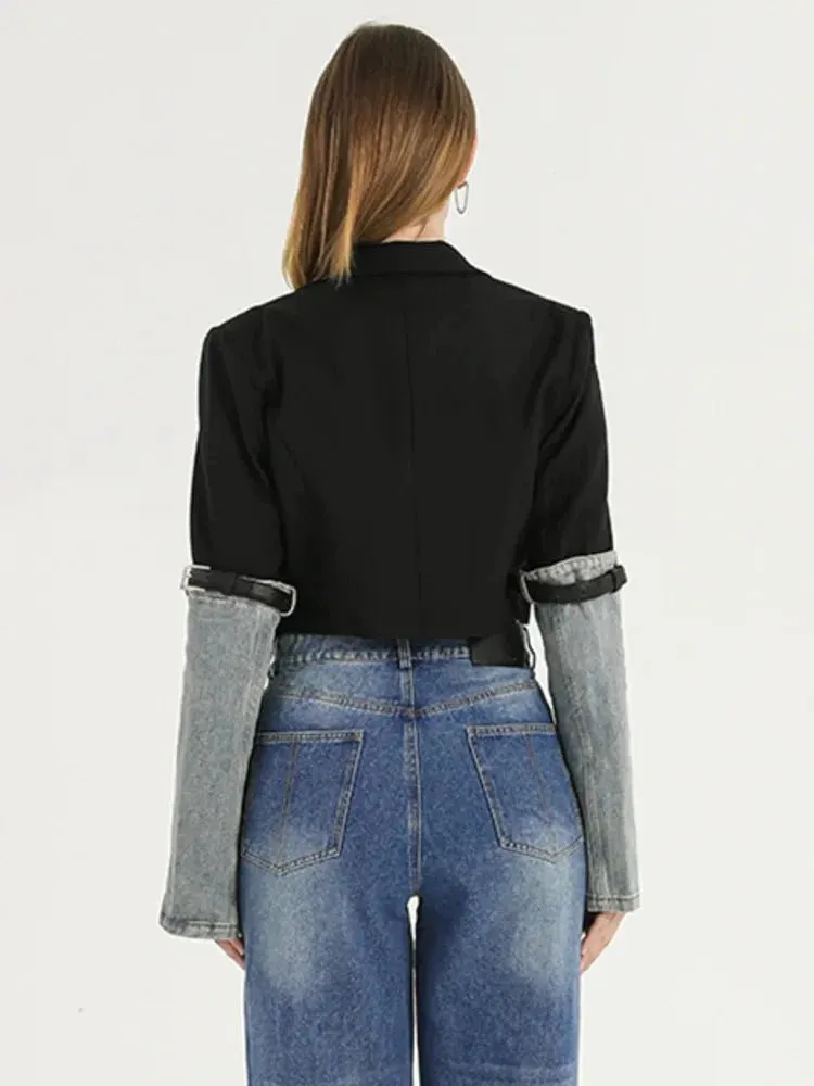 Wenkouban-Winter outfits Christmas Denim Belt Sleeve Single Button Short Jacket