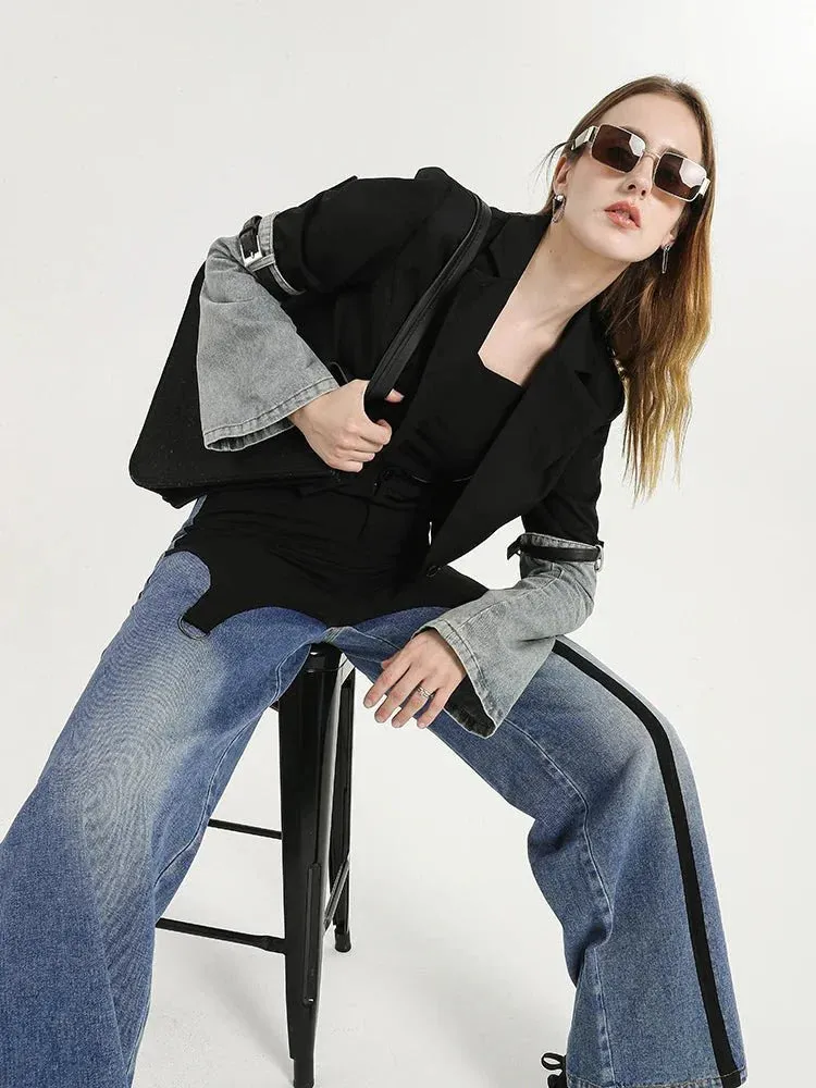 Wenkouban-Winter outfits Christmas Denim Belt Sleeve Single Button Short Jacket