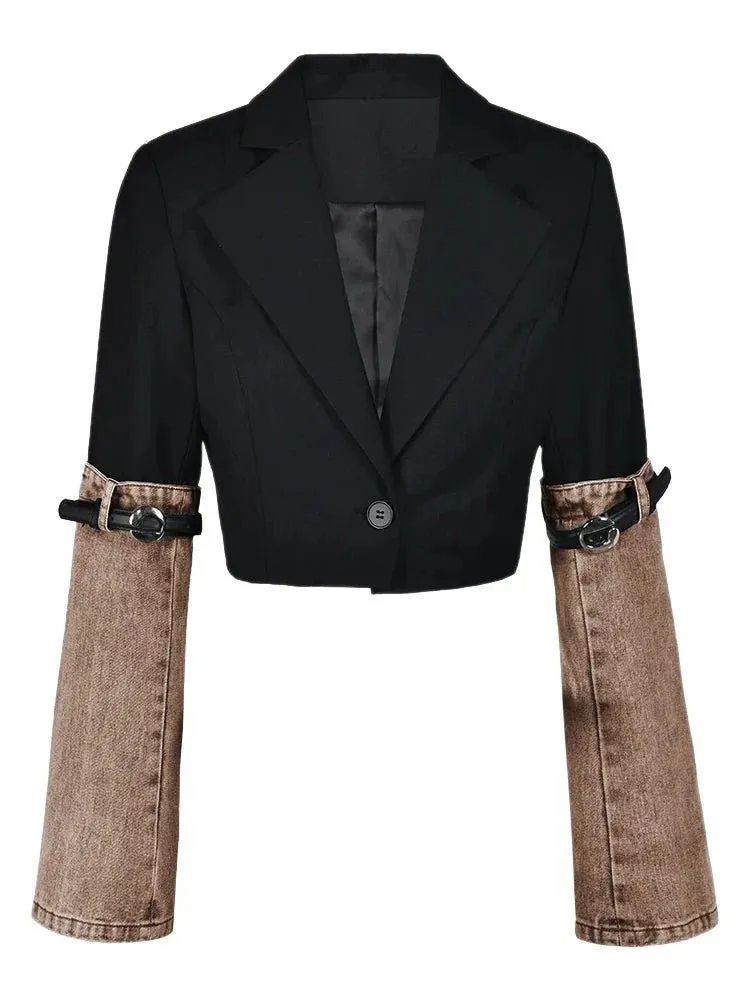 Wenkouban-Winter outfits Christmas Denim Belt Sleeve Single Button Short Jacket