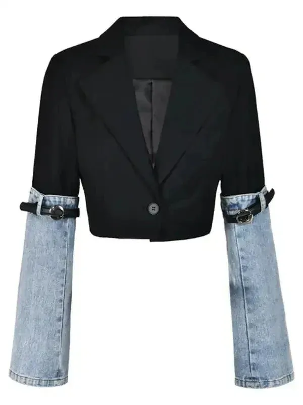 Wenkouban-Winter outfits Christmas Denim Belt Sleeve Single Button Short Jacket