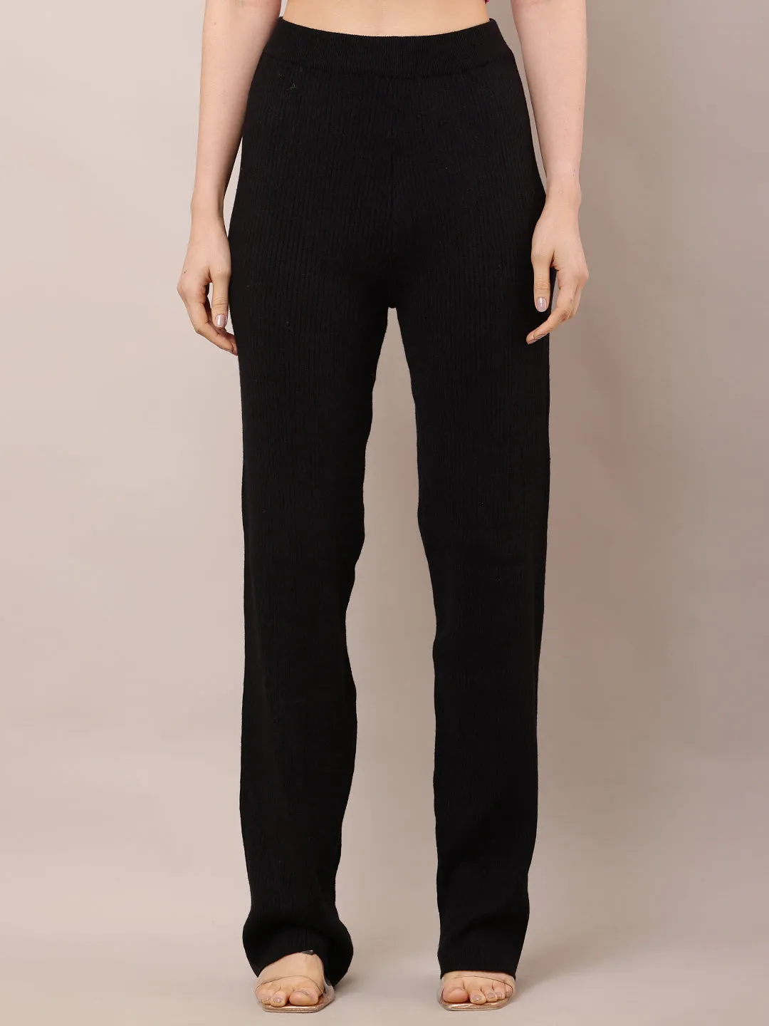 Women High-Rise Black Ribbed Acrylic Winter Trousers