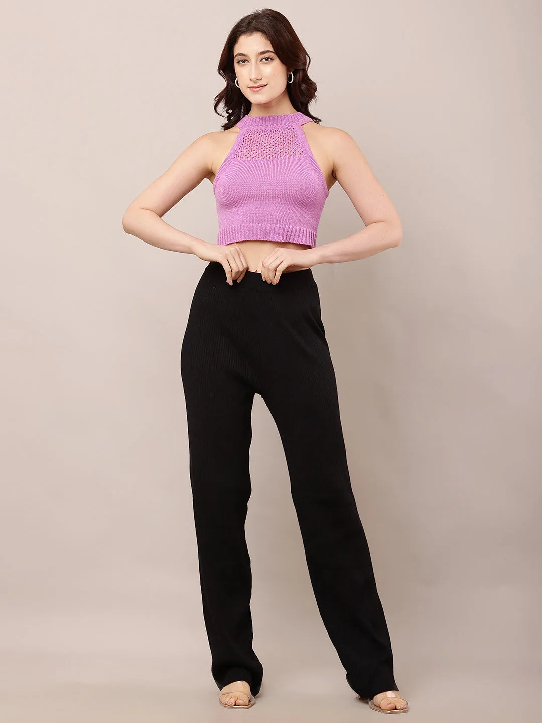 Women High-Rise Black Ribbed Acrylic Winter Trousers