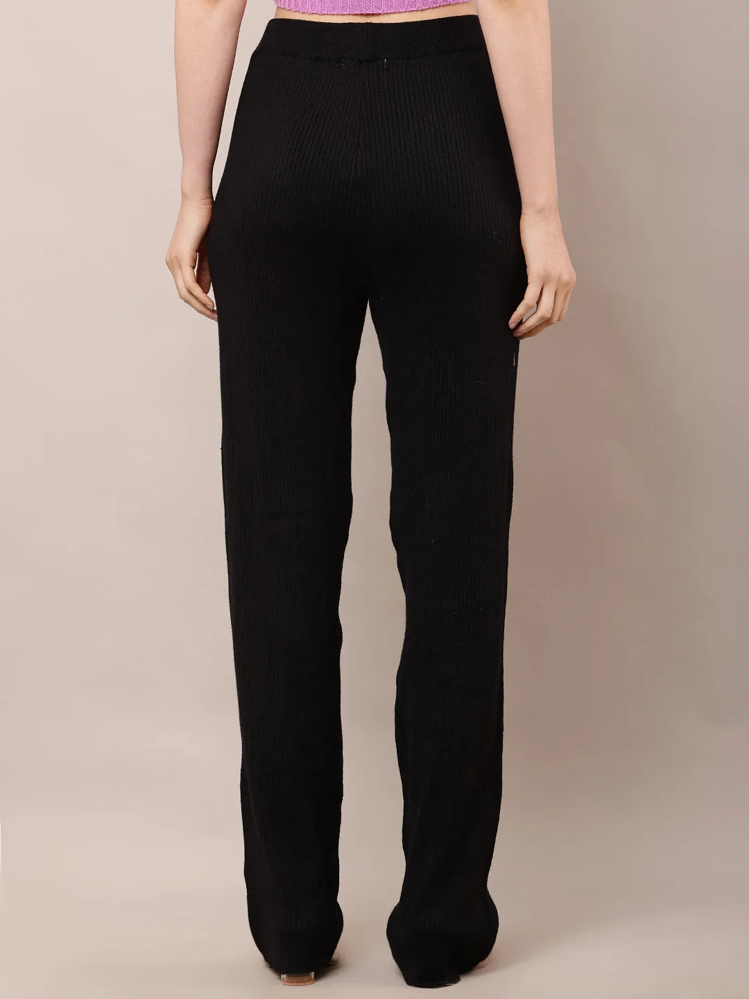Women High-Rise Black Ribbed Acrylic Winter Trousers