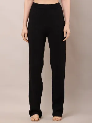 Women High-Rise Black Ribbed Acrylic Winter Trousers