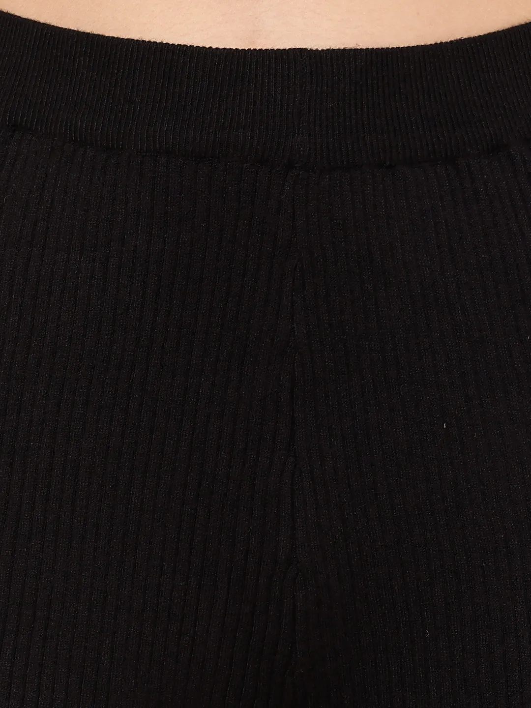 Women High-Rise Black Ribbed Acrylic Winter Trousers