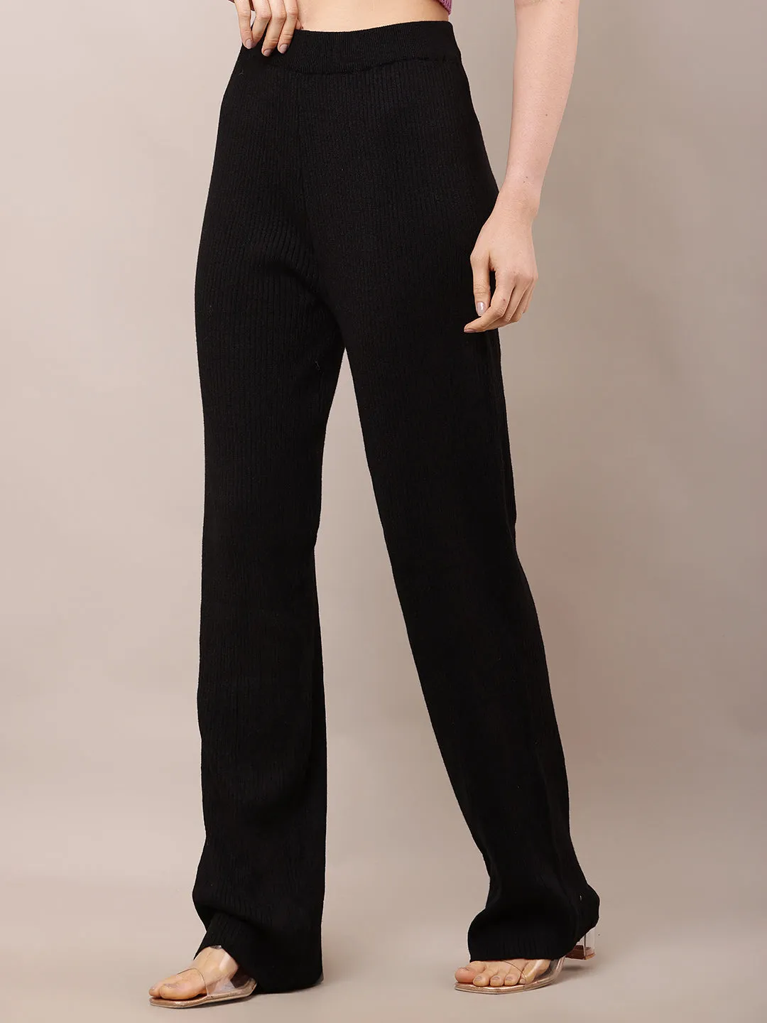 Women High-Rise Black Ribbed Acrylic Winter Trousers