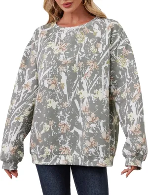 Womens Camo Sweatshirt Maple Leaf Print Oversized Camo Crewneck Sweatshirt Fleece Pullover Hoodies Long Sleeve