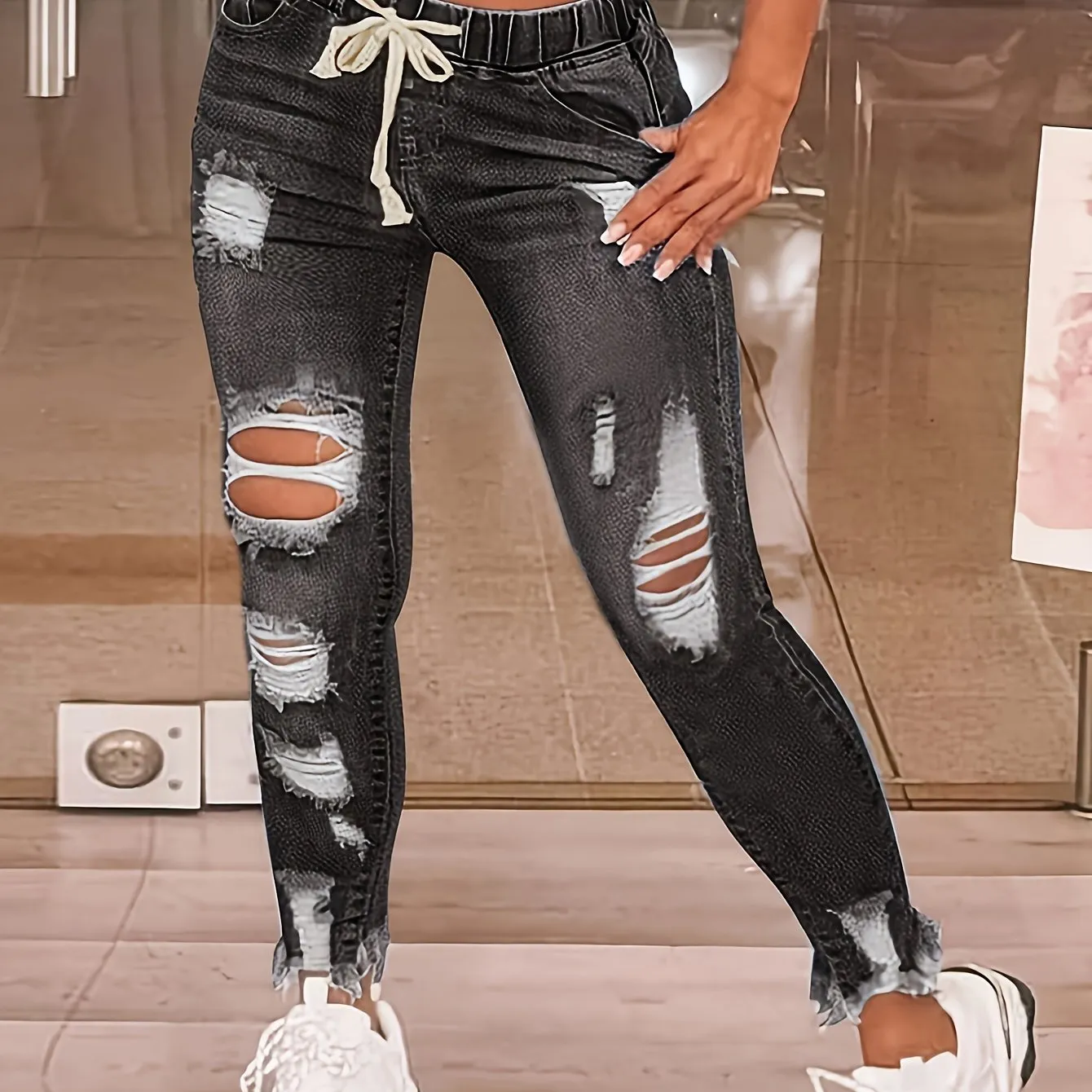 Womens Skinny Jeans with Ripped Holes and Raw Hem