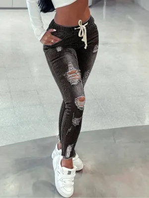 Womens Skinny Jeans with Ripped Holes and Raw Hem