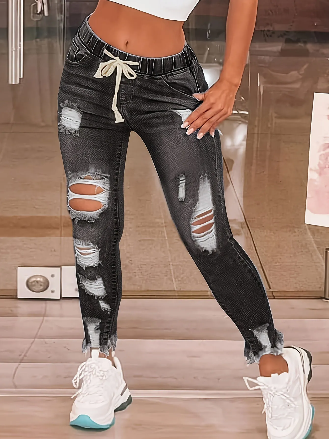 Womens Skinny Jeans with Ripped Holes and Raw Hem