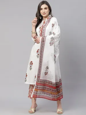 Women'S White Cotton Kurta Pant Set With Dupatta